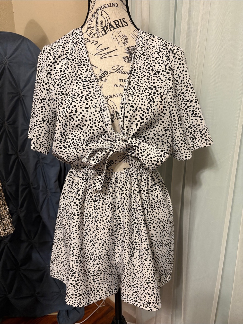 SHEIN White and Black Dalmatian Print Tie-Front Romper